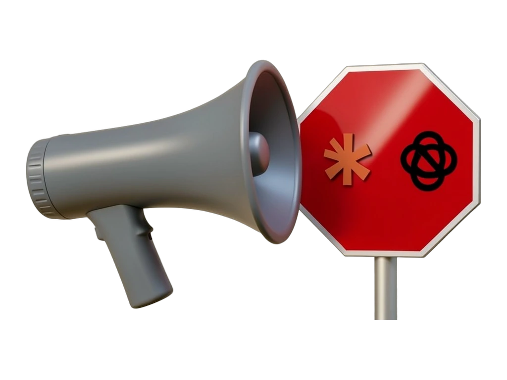 A large solid grey megaphone blasts toward the right at a thick red octagonal stop sign; mounted on the stop sign's face are two compact emblems — Anthropic's terracotta-orange man