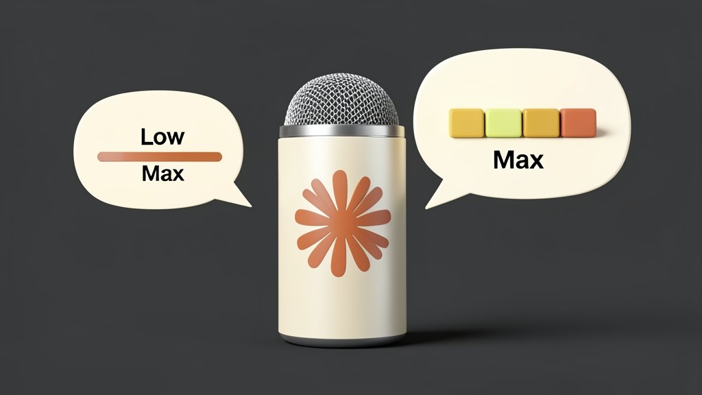 A solid microphone head bearing Anthropic's warm terracotta-orange many-rayed Claude asterisk mark, flanked by two thick rounded speech bubbles, one small and one large, showing ad