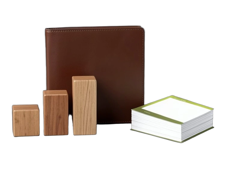 A row of solid wooden blocks rising in height beside a closed brown leather portfolio and a slim stack of clean financial ledger sheets.