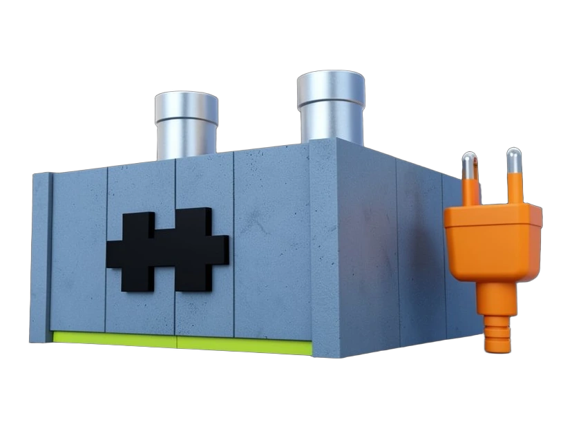A solid blue-grey data centre building with cooling towers, a wide pause symbol of two thick dark bars laid across its front wall, and a heavy orange electrical plug standing uprig