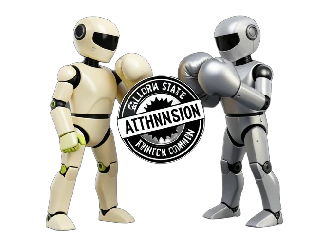 A solid humanoid robot figure facing a stylized boxing glove, with a bold California State Athletic Commission-style approval stamp shape pressing between them to show required per