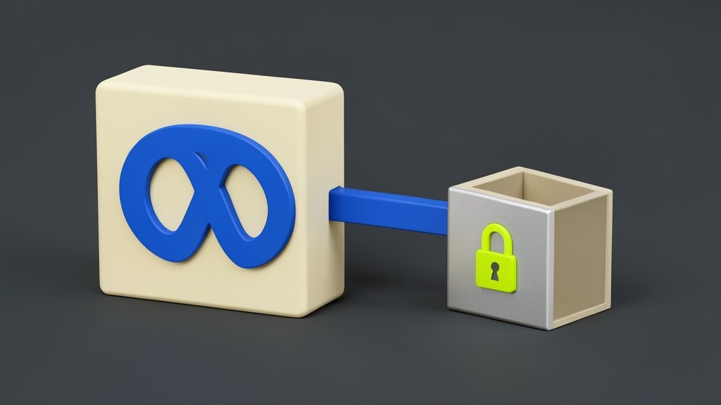 A large solid block on the left displays Meta's blue infinity-loop symbol, connected by a solid link to two smaller sealed blocks labelled only by size: a locked smaller block besi