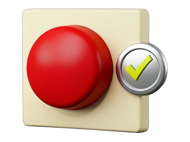 A large domed red emergency-stop push button, thick and solid, sits mounted on a sturdy square panel with a heavy ring at its base; a chunky circular verification seal with a bold 