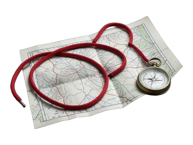 A thick red cord tracing a looping running route across a folded paper map, ending at a small brass compass placed beside the map.