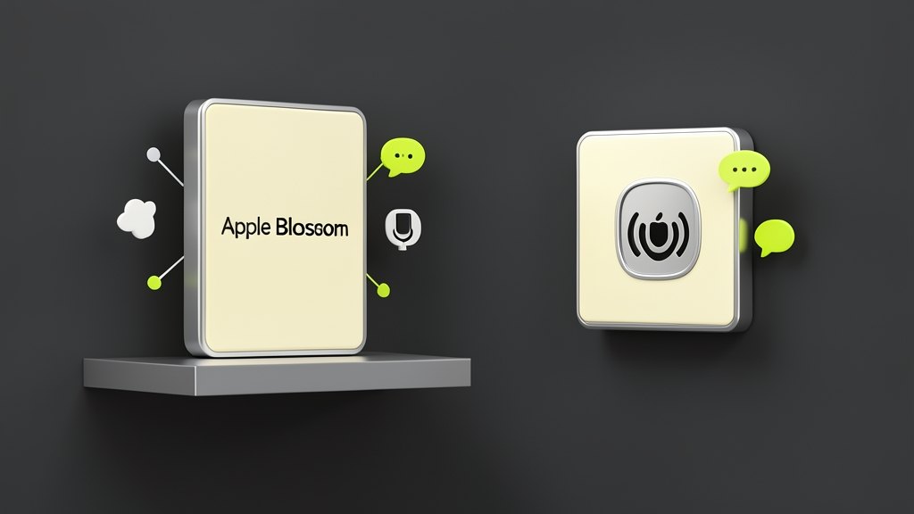 A solid rectangular smart home hub display shown in two variants: one standing on a countertop mount and one mounted flush on a wall surface, both with a visible Apple Blossom logo