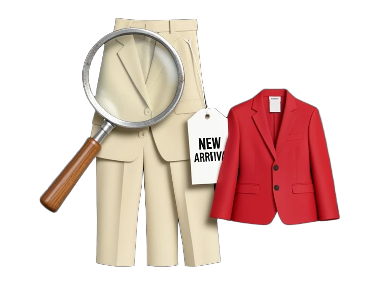 A solid rectangular photo print shows a complete outfit: a blazer and trousers. Clear seams split the outfit into separate garment shapes. A large magnifying glass scans the blazer