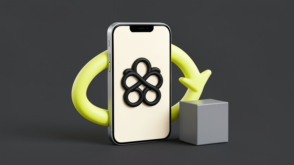 A solid smartphone stands upright with the black OpenAI Blossom symbol, six interwoven loops, printed front-on on its back, while a thick arrow loops from the phone back to the pho