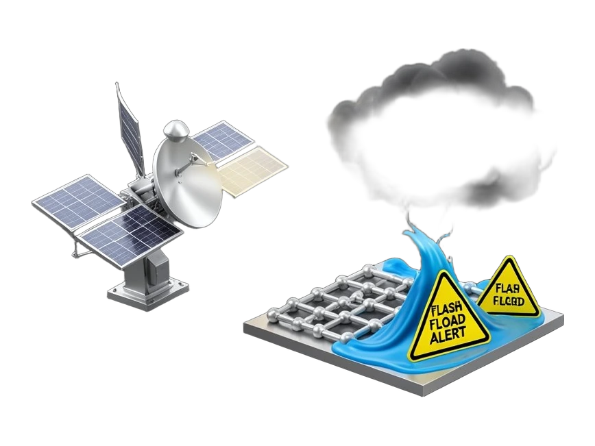 A solid weather satellite with four solar panels scans a heavy rain cloud with a broad, opaque beam. The beam feeds a compact solid data grid of thick connected nodes, which points
