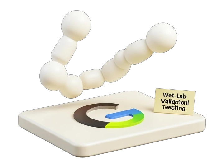 A solid white peptide chain of linked bead-like amino acid shapes held up as a selected candidate, mounted on a laboratory sample plate bearing the Google four-colour G mark front-
