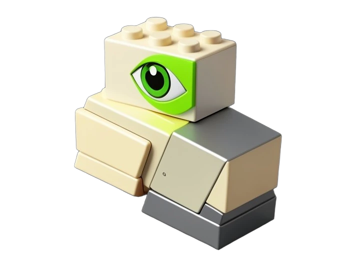 Solid interlocking toy building blocks in a short stack forming a partially built robot arm shape, with an Nvidia green eye-mark badge on the top block, illustrating the Lego era o