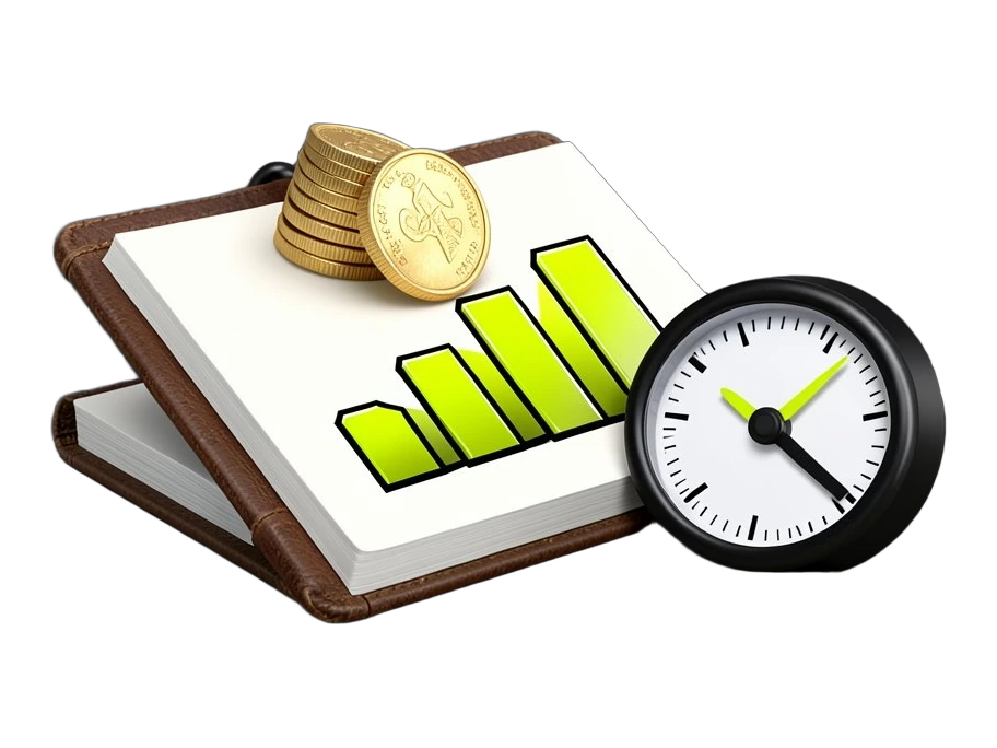 A thick open ledger book whose page carries a bold rising bar chart, beside it a heavy round gauge dial with a chunky pointer caught mid-swing; a stack of solid coins tips into the