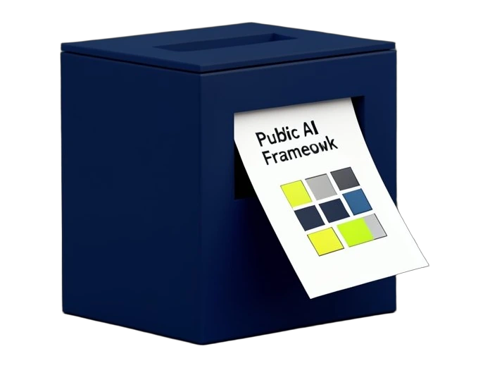 A sturdy navy-blue ballot box with a wide rectangular slot stands upright, while a solid white policy document marked with three bold interlocking grid blocks slides down into the 