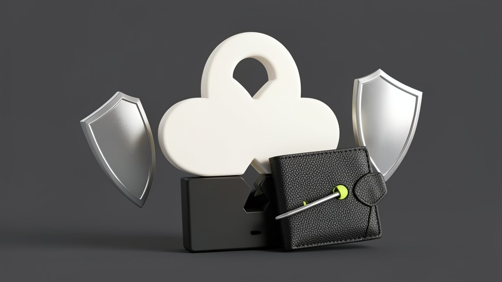 A thick OpenAI Blossom symbol in white, pressed down over a broken padlock shape, with two angled shield icons deflecting aside and a wallet-shaped block pierced by a thin bar, ren
