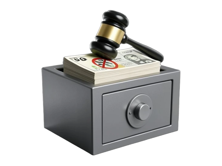 A solid bank-note stack sits inside a locked metal cashbox with the DOJ gavel icon resting on top, beside a music-note waveform bar chart showing inflated streaming spikes. The sta