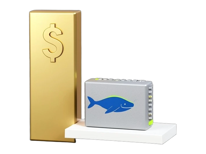 A solid gold-toned bar marked with a dollar sign rising sharply past a smaller earlier bar, while a solid chip block stamped with the blue whale DeepSeek silhouette sits on a serve