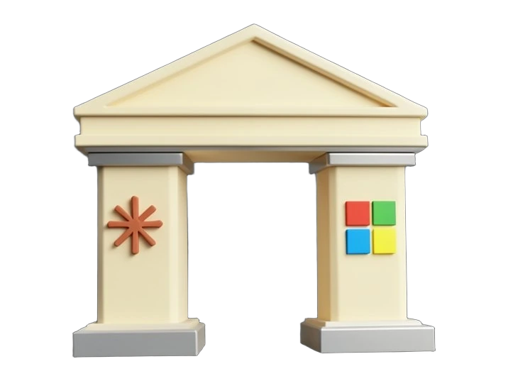 A solid stock exchange facade with a triangular pediment rests on exactly two thick square pillars; the left pillar front-loads Anthropic's terracotta many-rayed asterisk and the r