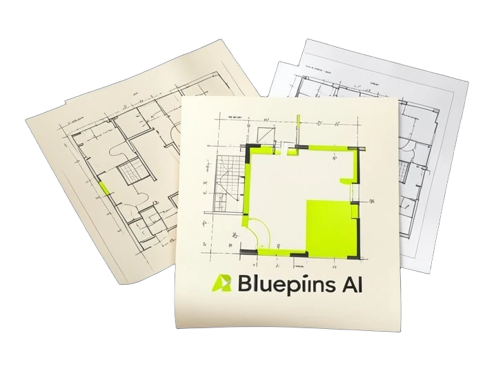 A solid blueprint sheet with architectural floor-plan lines shows a single room outline highlighted, and three connected sheets behind it update to match, illustrating Blueprints A