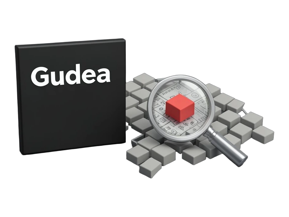 A thick square sign panel showing the word 'Gudea' in bold plain lettering, beside a solid network graph of connected nodes and edges spreading across five hundred small platform t