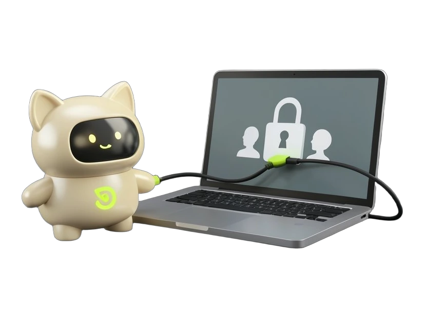 A small rounded digital pet robot toy with a simple face screen stands next to a solid laptop; a thick cable arcs from the laptop directly into the toy, and the laptop screen shows