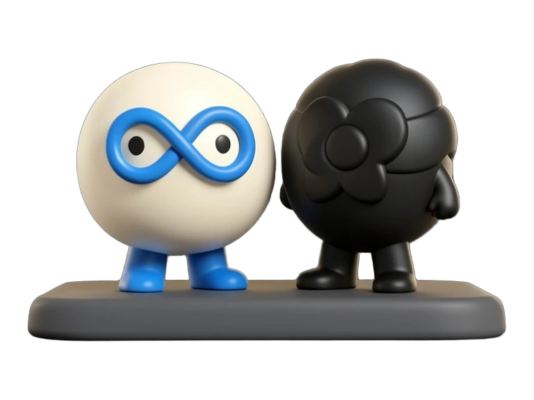 The Meta blue infinity-loop symbol on a rounded cartoon-style mascot body beside a similar mascot with the OpenAI Blossom in black, both standing on a shared platform, plain backgr