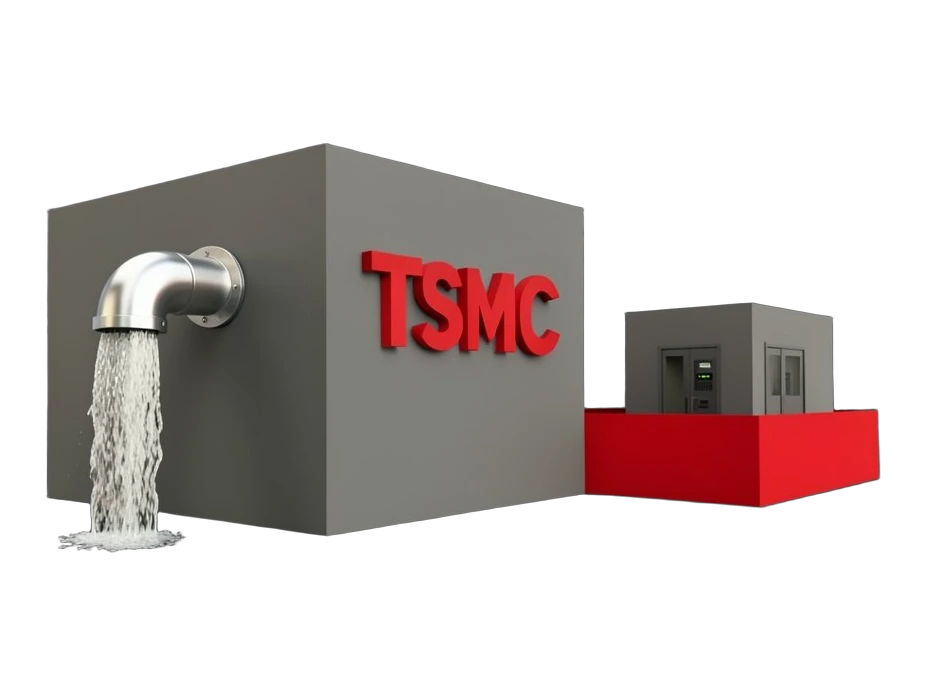 A large solid TSMC chip-fab block bearing the red TSMC wordmark, a thick water pipe feeding it at full flow; beside it, a smaller data-hall block stands stopped behind a red barrie
