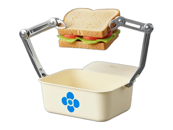 Two slender mechanical gripper arms with two-finger claws holding a solid sandwich slice above an open lunchbox, the blue Google DeepMind multi-colour four-point Gemini spark mark 