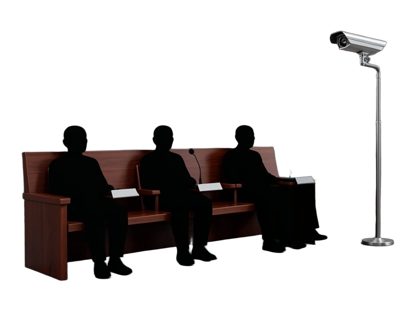 Four empty solid witness chairs pushed back from a long hearing bench, each with a closed microphone on a short stand and a blank nameplate strip, while a surveillance camera on a 