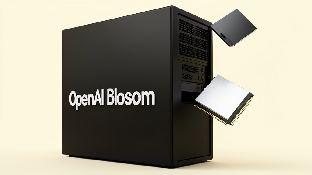 A tall solid data-centre rack bears the interwoven black OpenAI Blossom; a chunky DRAM memory module slides into the rack, while a small closed laptop floats apart with an empty me