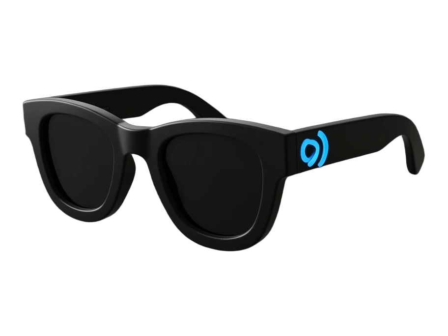 A pair of thick opaque black eyeglasses in three-quarter view as the main form, a compact blue Meta infinity-loop symbol placed front-facing on the temple, three solid thick concen