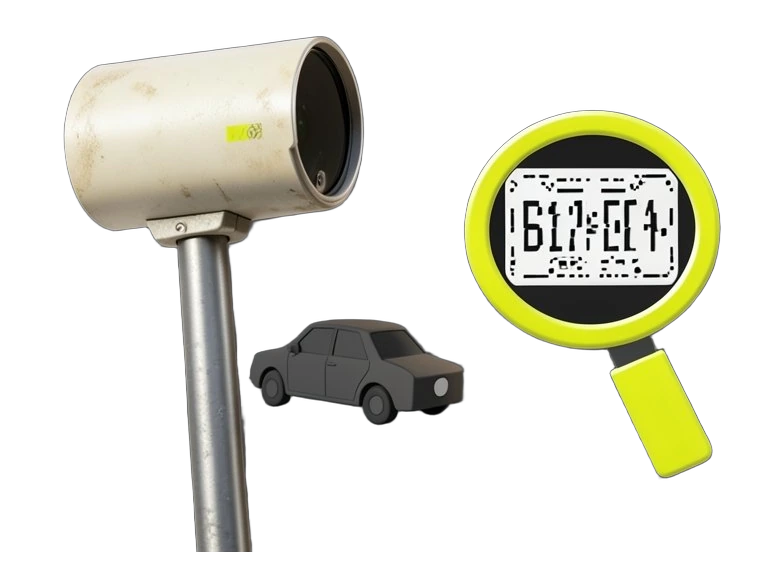 A solid traffic-camera housing on a pole angled toward a car-shaped block passing below, with a magnifying-frame emblem beside the camera revealing a scanned license-plate pattern,
