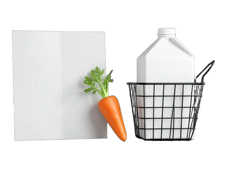 A blank recipe card standing upright beside a wire basket, a carrot and a milk carton lined up in a row between them.