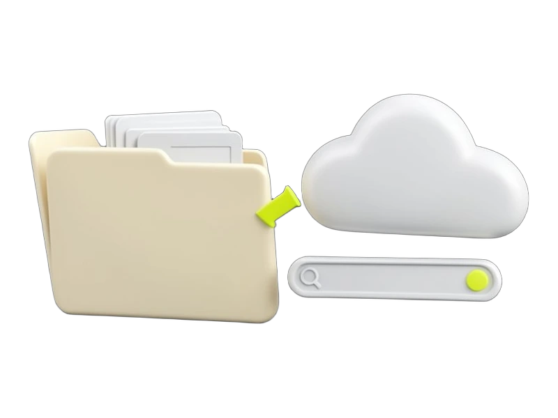 The Microsoft four-colour G mark sits on a solid folder icon that opens to reveal stacked document cards being drawn toward a rounded cloud shape, joined by a two-way arrow. Beside