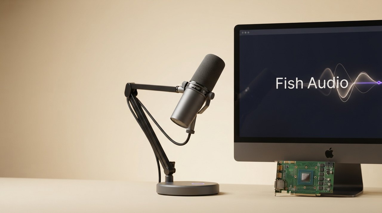 En mikrofon foran en computerskærm med teksten 'Fish Audio' og en lille grøn GPU-chip ved siden af.