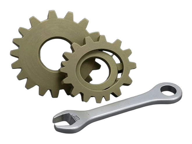 Three interlocking solid brass gears of different sizes, each turning the next, with a small wrench lying flat beside them.