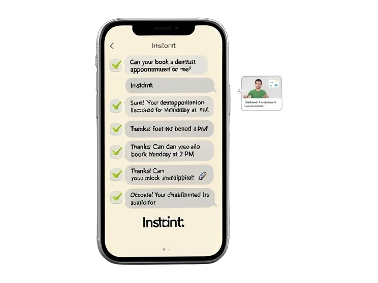 A smartphone showing text message bubbles between a user and an AI assistant, with a small checklist icon indicating completed tasks like booking appointments. One checklist item i