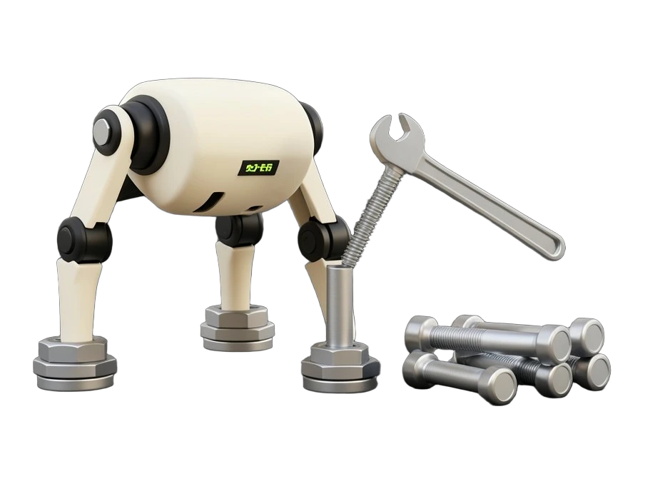 A sturdy white and black four-legged walking robot stands with its feet on thick identical oversized bolts. At one leg joint, an equally thick steel bolt is driven in by a solid op