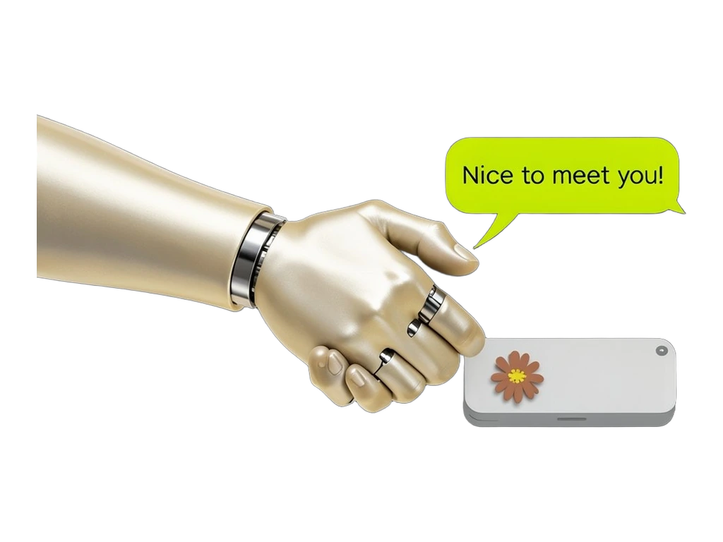 A humanoid robot hand extending for a handshake toward a speech bubble containing polite chat text. A terracotta Claude asterisk mark appears on a chat interface panel nearby, illu