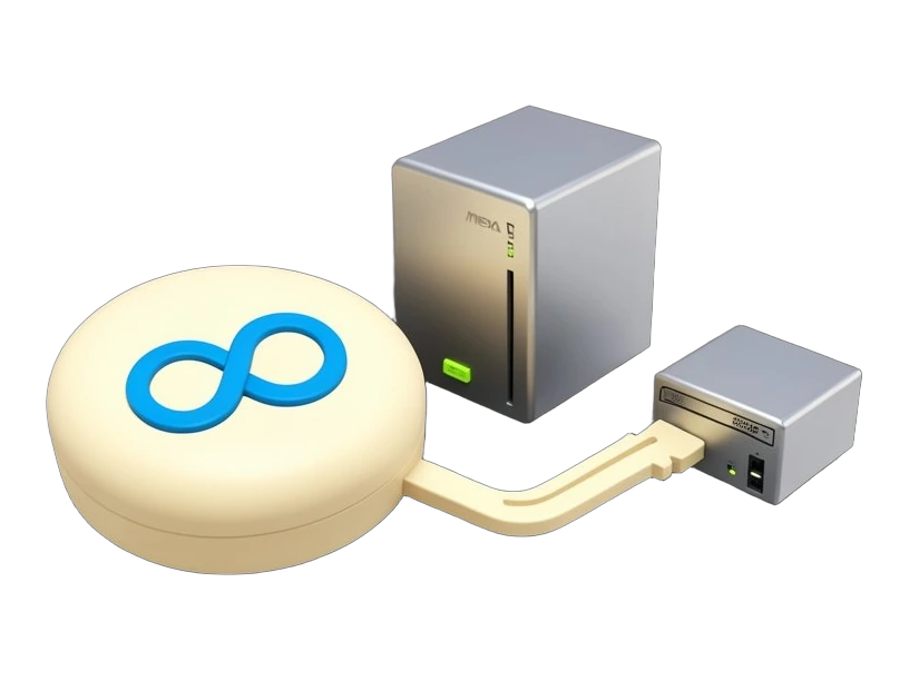 A solid rounded voice-assistant puck bearing Meta's blue infinity-loop mark; a thick key-shaped access token slides along a voice-transcription path that bends away from a Meta ser