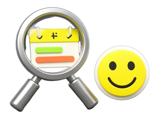 A solid magnifying glass frame holding a scorecard panel with mismatched uneven rating bars, beside Hugging Face's yellow smiley-face emoji mark on an opaque badge, showing embedde