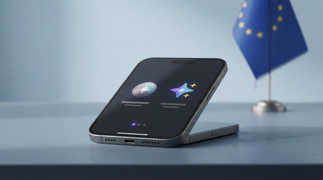 En åben smartphone på et bord med to forskellige AI-assistent-ikoner ved siden af hinanden og et EU-flag i baggrunden.