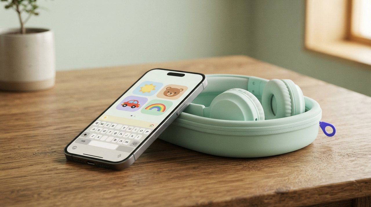 En smartphone med børnesikret tastatur og et par høretelefoner i et pastelfarvet etui på et træbord.