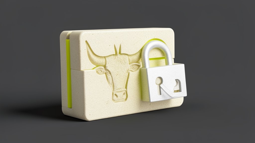 A large solid model weight file block stamped with the Mistral AI bull-head mark, showing the interlocked weight layers of Le Chonk, with a lock icon rotating into an open position