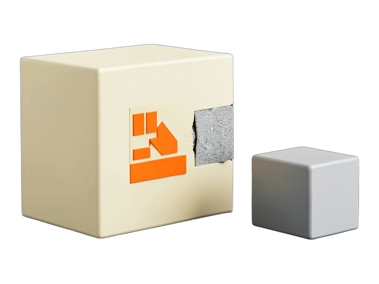 A solid Mistral Large 4 model block marked with Mistral's orange staircase bars emblem, patching a visible gap in a thick software wall with a square patch piece, while two smaller