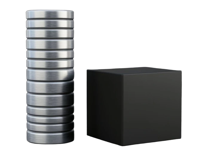 A tall column of plain metal discs stands beside a compact matte computing cube; the disc column rises clearly higher than the cube.