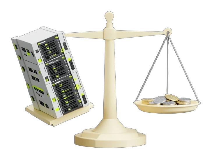 A heavy balance scale tilted down on one side by a tall tower of solid server racks with visible vent slots, while the raised pan on the other side holds a few small coin discs; th