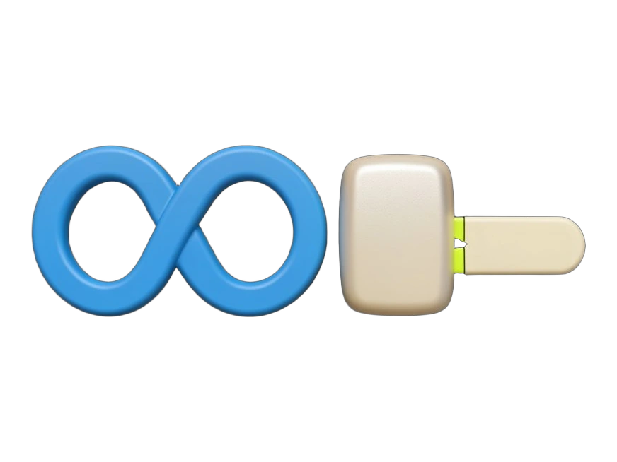 Meta's blue infinity-loop mark sits on a chunky opaque sharing switch pushed to its active position. Beside it, a solid old link tab has a clean break, while a fresh link tab conne