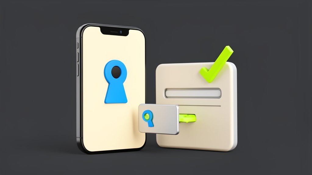 A blue keyhole emblem for 1Password on the back of a solid smartphone, facing a login panel with a sealed password slot. A short digital key card passes through a barrier into the 