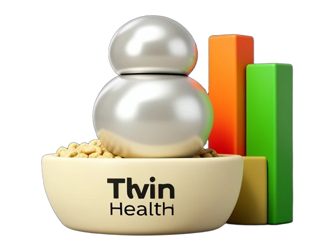 A rounded digital-twin twin figure made of stacked solid segments scores a bowl of cereal using three colour-coded bars rising beside it: a red bar, an orange bar and a green bar, 