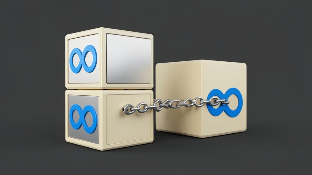 Two stacked desktop computer units side by side, each front panel bearing Meta's blue infinity-loop symbol, with a compact chain-link connection bridging them to show the two machi