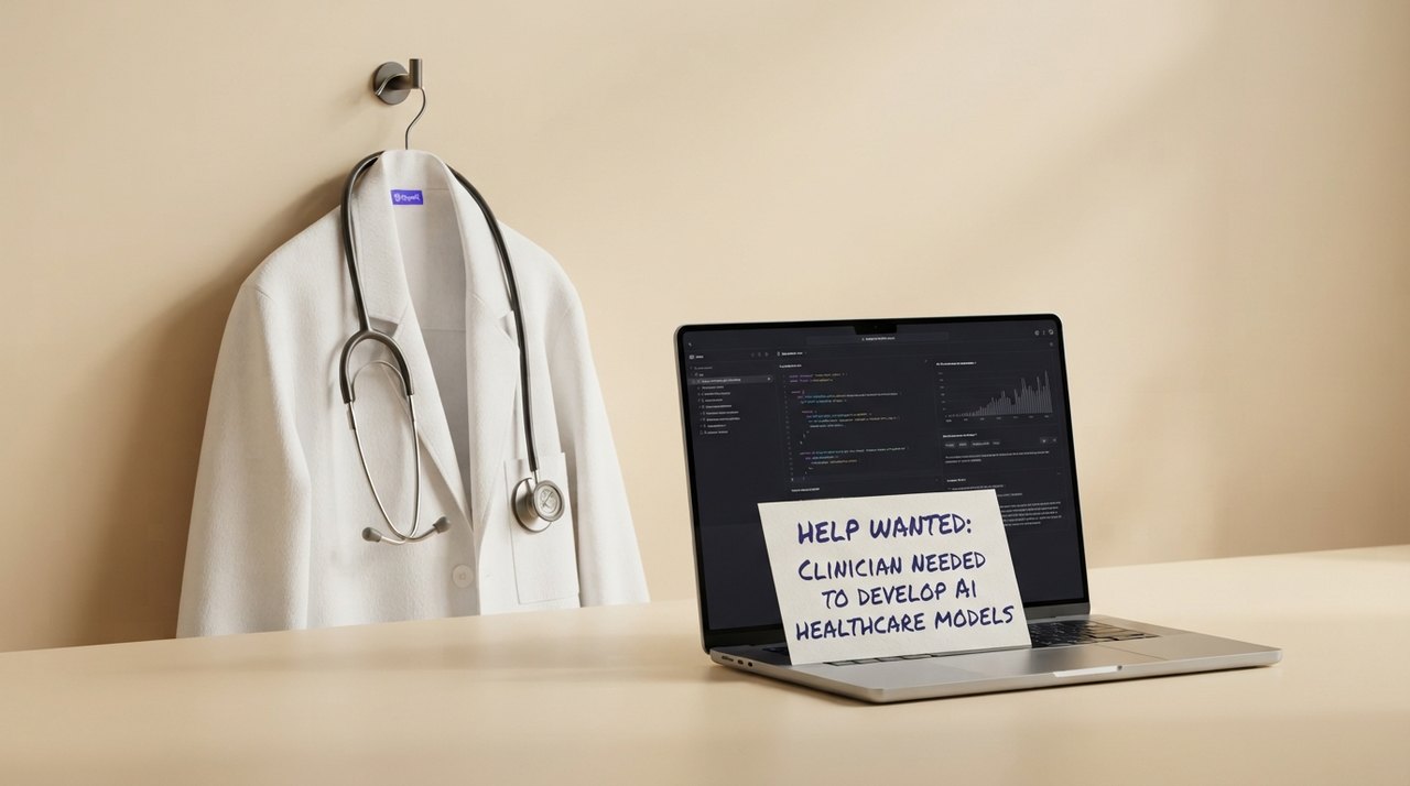 En hvid lægekittel med stetoskop hænger ved siden af en åben OpenAI-laptop klæbet med et 'Help Wanted'-skilt
